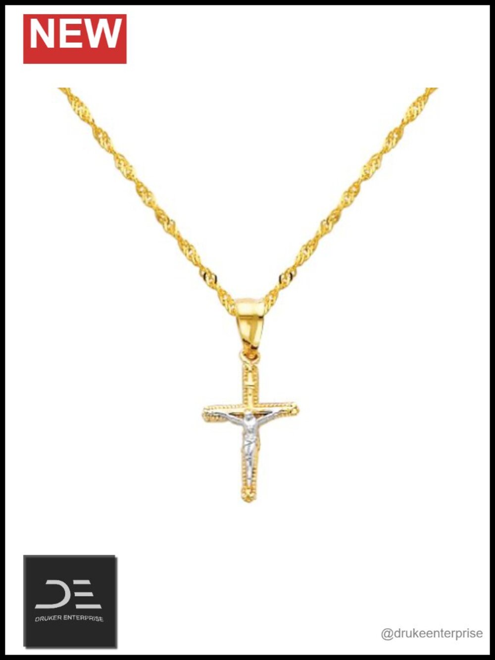14k Two Tone Gold Jesus Cross Religious Pendant 1.2mm Singapore Chain Necklace